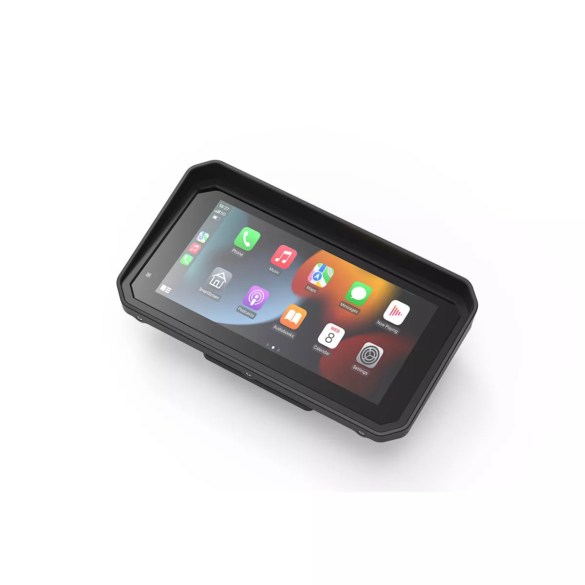 Ekran Kamera motocyklowa z interfejsem CarPlay: wyświetlanie aplikacji mobilnych (telefon, muzyka, nawigacja) w stylizacji systemu iOS, co umożliwia bezpieczne korzystanie z funkcji telefonu podczas jazdy na motocyklu.