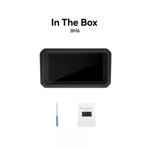 aoocci-BM6-BMW-Zestaw zawartości pudełka Kamera motocyklowa BM6: ekran urządzenia, śrubokręt oraz instrukcja obsługi – elementy dostarczane wraz z produktem, niezbędne do instalacji i początkowej konfiguracji kamery na motocyklu.