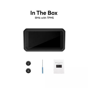 BM6 Zawartość pudełka Kamera motocyklowa BM6 z TPMS: ekran urządzenia, dwa czujniki ciśnienia opon (dla przedniej i tylnej opony), śrubokręt oraz instrukcja obsługi – zestaw elementów umożliwiających instalację kamery i monitorowanie parametrów opon podczas jazdy na motocyklu.