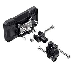 Części montażowe Kamera motocyklowa: zestaw uchwytu (z elementami metalowymi i plastikowymi) oraz śrub do stabilnego zamocowania ekranu na kierownicy motocyklu, zapewniający solidne fixation podczas jazdy.