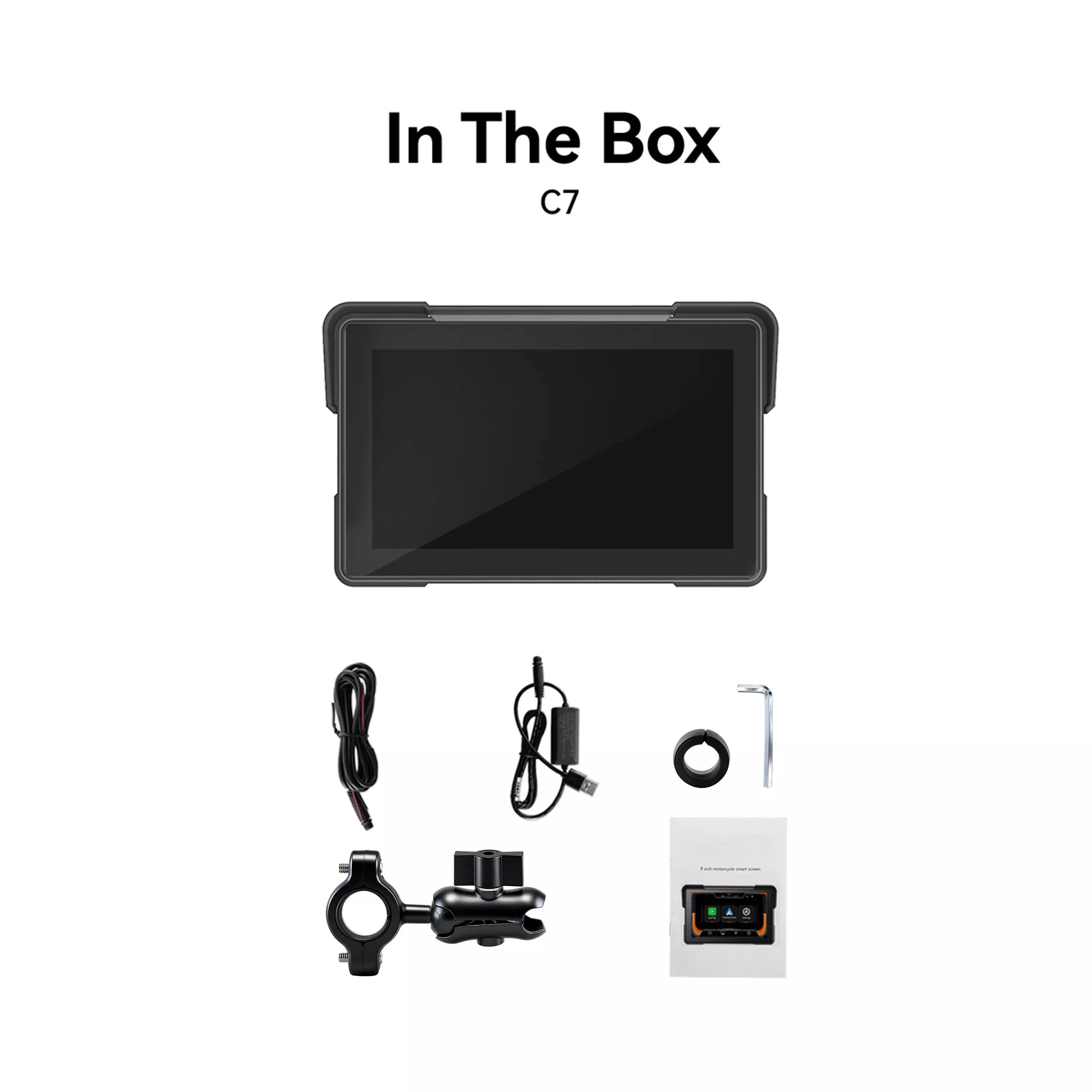 Zestaw produktu C7: ekran, uchwyt, przewody i instrukcja