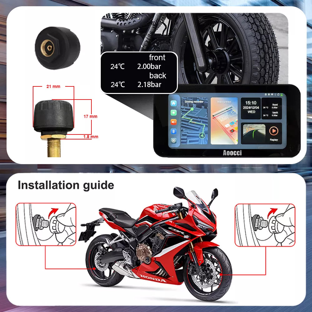 Instrukcja instalacji czujników TPMS do Kamera motocyklowa: pokazanie wymiarów czujnika (21 mm × 17 mm × 1,8 mm) oraz proces montażu na oponach motocyklu, wraz z wyświetleniem danych o ciśnieniu i temperaturze opon na ekranie urządzenia.