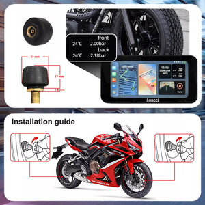 Instrukcja instalacji czujników TPMS do Kamera motocyklowa: pokazanie wymiarów czujnika (21 mm × 17 mm × 1,8 mm) oraz proces montażu na oponach motocyklu, wraz z wyświetleniem danych o ciśnieniu i temperaturze opon na ekranie urządzenia.