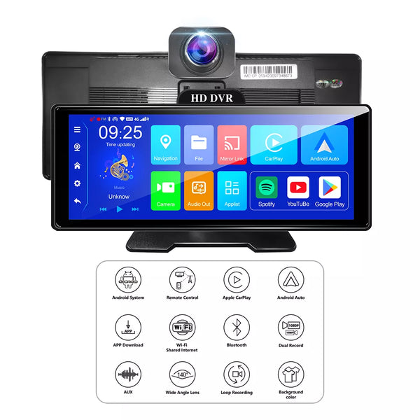 Aoocci P100 1080 Podwójna kamera samochodowa z radiem FM i Apple CarPlay & Android Auto